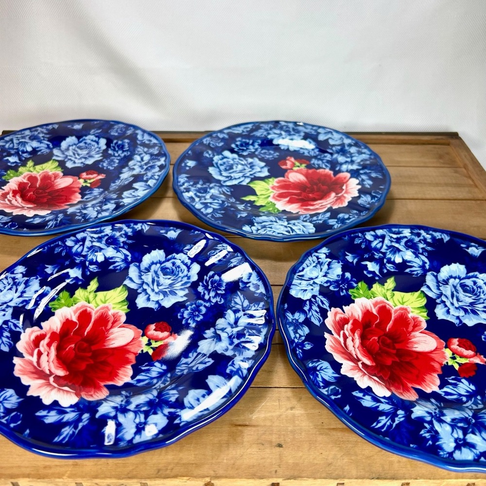 Pioneer Woman Heritage Floral Salad/Dessert Plates Cobalt Blue Floral Set Lot 4